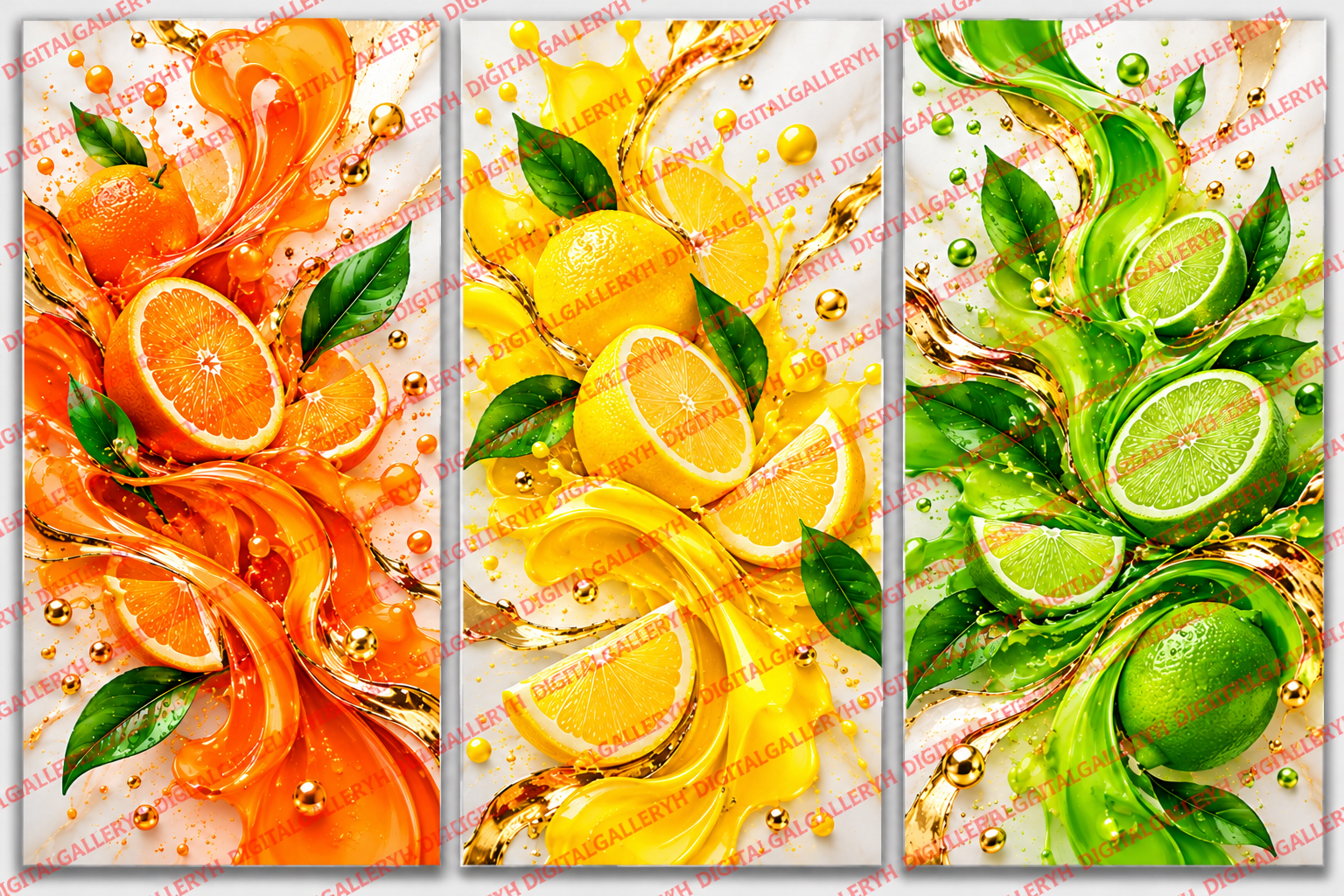 Citrus Splash Trio – Vibrant Orange, Lemon & Lime Abstract Wall Art