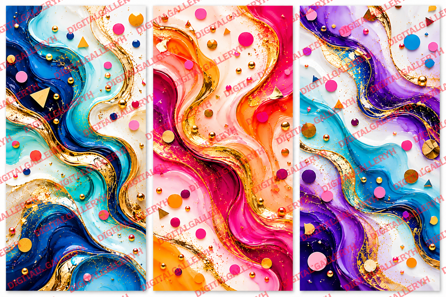 Playful Confetti Abstract Wall Art Set of 3 – Colorful Fluid Marble Designs