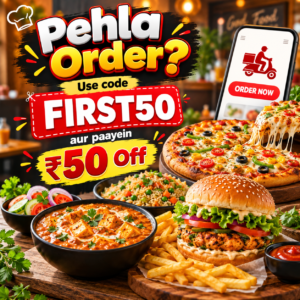 Restaurant First Order Discount Offer – FIRST50 | ₹50 Off Canva Editable Template