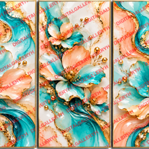 Aqua Blossom Trio – Luxury Abstract Floral Wall Art Set of 3