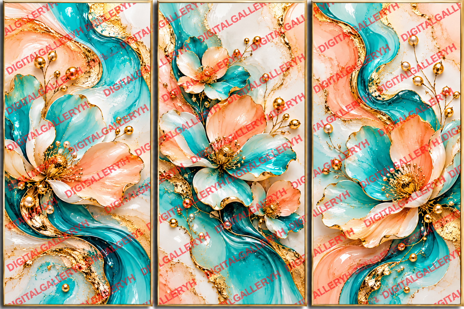 Aqua Blossom Trio – Luxury Abstract Floral Wall Art Set of 3