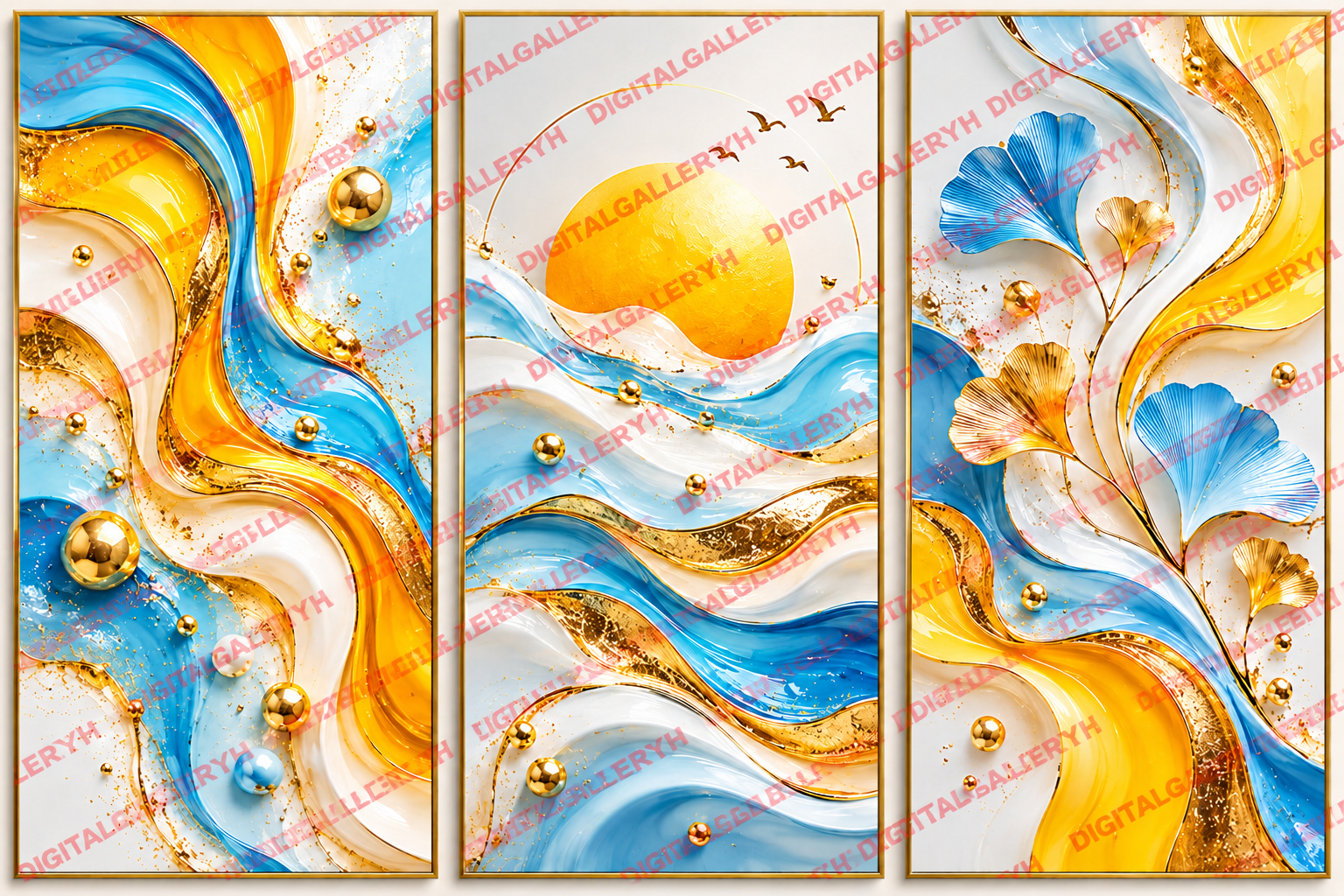Sunny Side Collection – Abstract Wall Art Set of 3 | Yellow, White & Sky Blue Luxury Decor