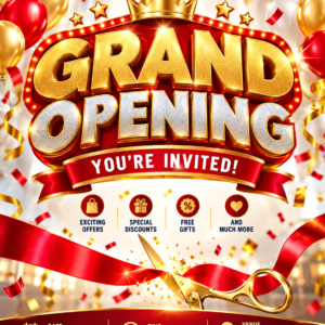 Grand Opening Announcement Canva Editable Template | Premium Red & Gold Business Opening Poster