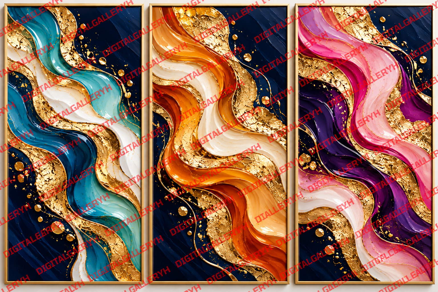 Sunny Side Collection – Gold Leaf Waves | Luxury Abstract Wall Art Set of 3