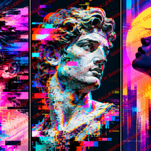 Glitch Art Trio – Neon Cyberpunk Pixel Distortion Digital Artwork
