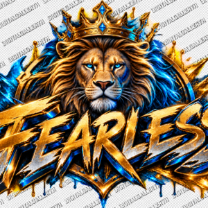 Fearless Lion King 5D T-Shirt Design – Premium Gold & Blue 3D Streetwear PNG