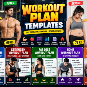 Workout Plan Templates – Before & After Transformation | Beginner, Strength, Fat Loss & Home Workout Plans 💪