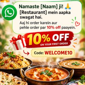 Restaurant WhatsApp Promotion Template | Welcome 10% OFF – Editable Canva Design